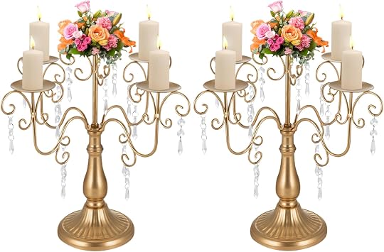 Gold Candelabra Centerpieces for Tables, 5 Arm Candelabra, 2PCS Vintage Candle Holders with Crystal Beads for Christmas Halloween Wedding Party Home Decoration