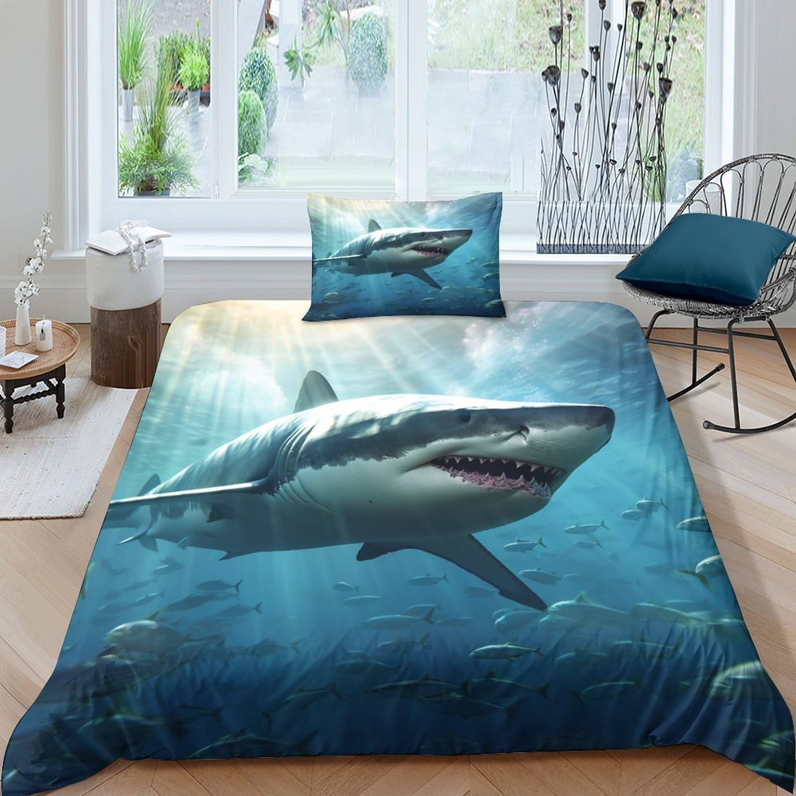 GEEYOU Great White Shark Duvet Cover Set Soft Microfiber Bedding Set Breathable Megalodon Quilt Cover with Hidden Zipper Closure And Comforter Cover Sheet Pillowcase Single（135x200cm）