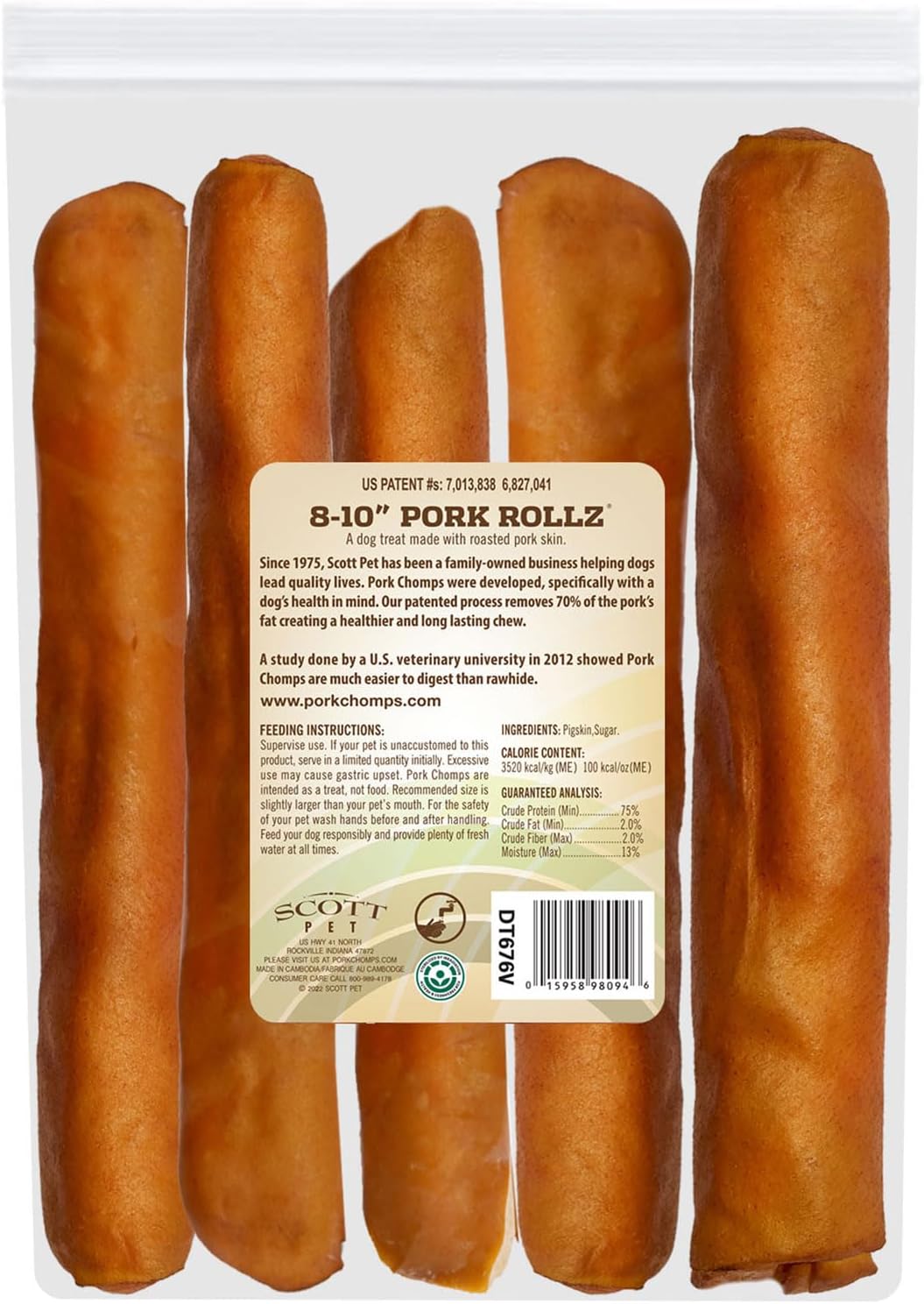 Pork Chomps Roasted Pork Skin Dog Chew, 8 Inch Roll, 5 Count - Long-Lasting Treats for Dogs - High Protein, Rawhide-Free, Low Fat, Healthy & Delicious Chews