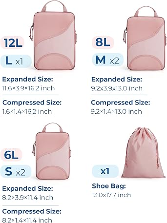 BAGSMART Compression Packing Cubes - 6 Set Travel Packing Cubes for Suitcases, Compression Suitcase Organizers with Shoe Bag