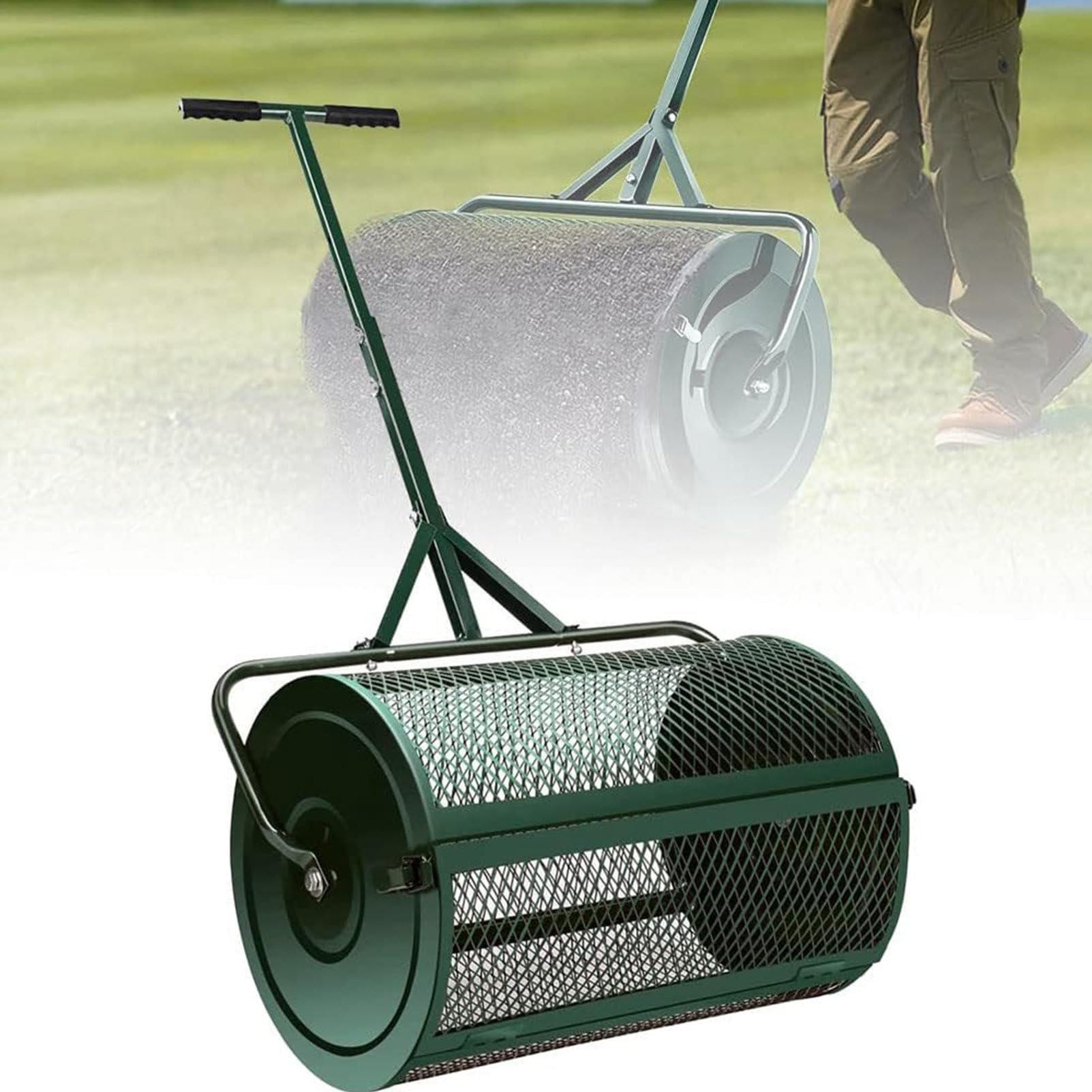 RayGenius Esparcidor De Abono para CéSped Y JardíN De 24", Esparcidor De Abono Fertilizante|Duradero Y Ligero|Esparcidor De Rodillo para Musgo (Verde),Green-Separate32x60cm