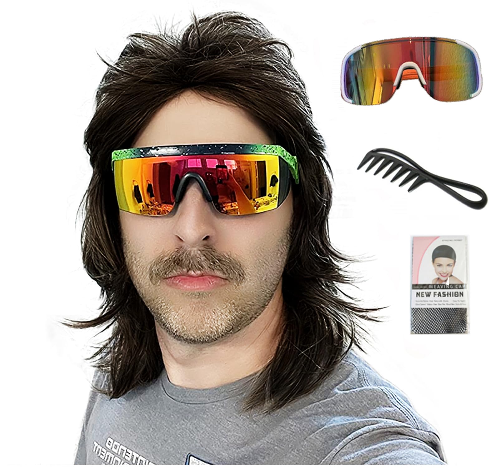 Traqur Men's 80s and 90s Mullet Wig Set, Vintage Mullet Rock Wig for Country Rocker Halloween Party and Cosplay (Black)