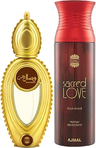 Ajmal Wisal Dhahab EDP Fruity Floral Perfume 50ml for Men and Sacred Love Deodorant Floral Musky Fragrance 200ml for Women