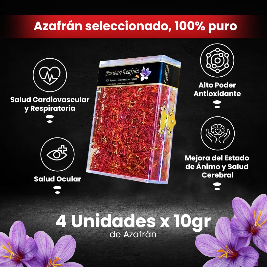 Caja de 4 Uds. X10g de Azafrán en Hebras | Azafrán Hecho en España Cat. I Suprema (ISO 3632-2) de Gran Sabor y Color, Ideal para Paella y Comida Gourmet | Azafrán 100% Puro con Intenso Aroma (4 x 10g)