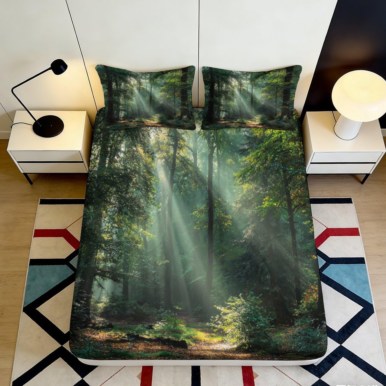 3D Printed Forest Sunlight Fitted Sheet Microfiber Non-slip Mattress Cover Green Nature Decor for Bedroom Guest Room 90x200x25cm