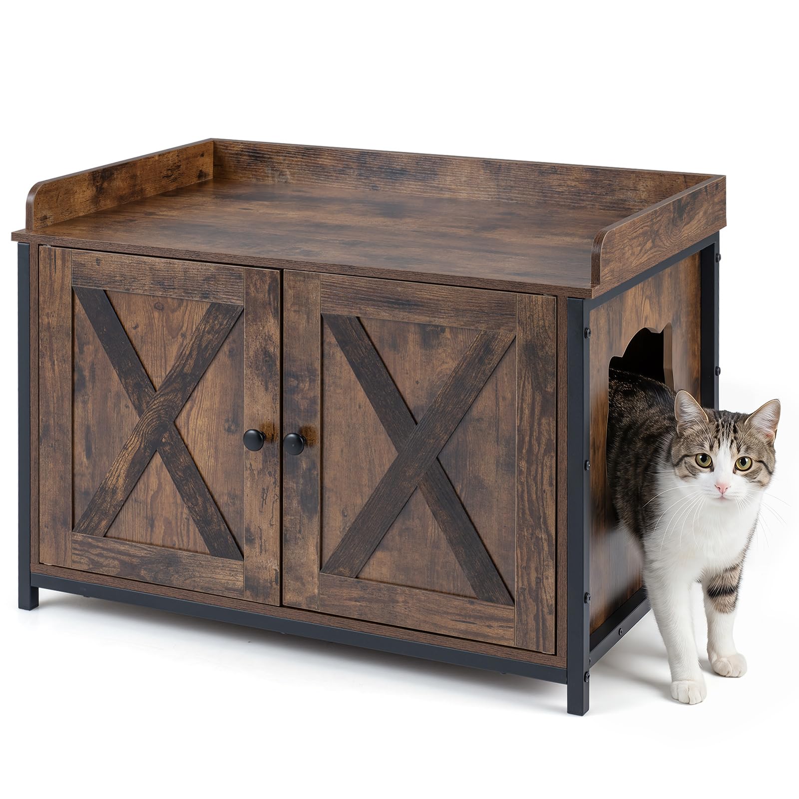 COSTWAY Cat Litter Box Enclosure, Kitty Hidden Washroom Toilet (Brown)
