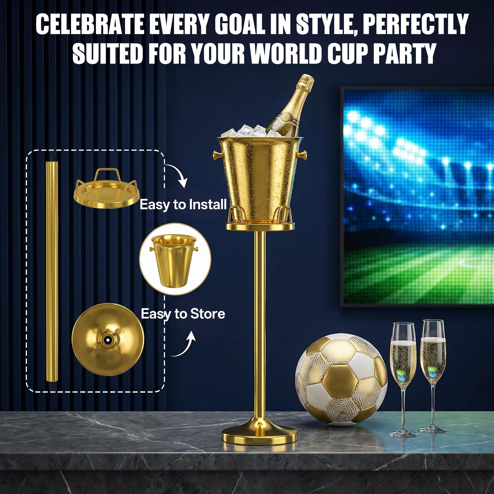 Cubitera de hielo dorada con soporte, enfriador de champán de acero inoxidable 201 de 5 L, con base de 90 cm, decoración lujosa para barbacoas, fiestas, bares, botellas de refrigeración
