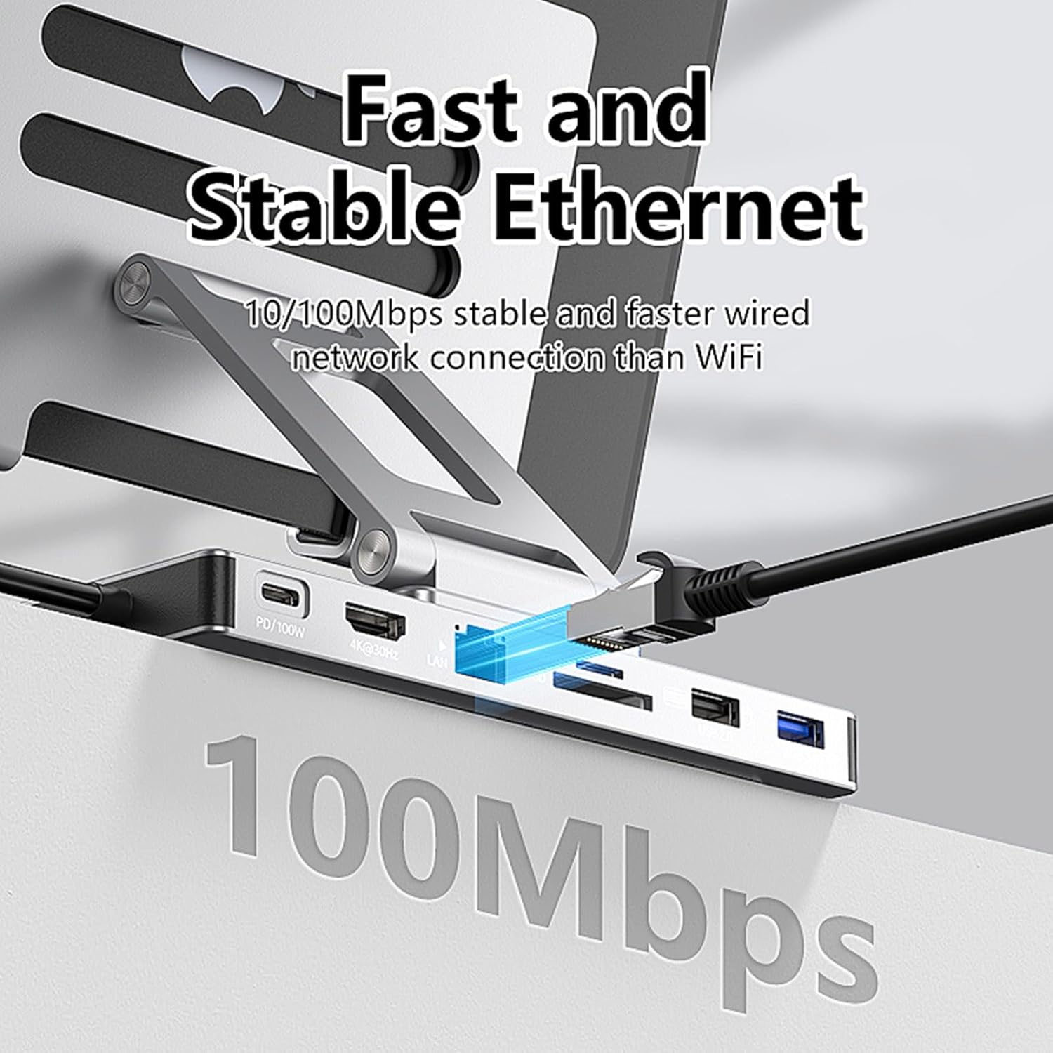 Foldable Rotating Laptop Stand with Type C Adapter 100W Charging RJ45 Networking Port 3.5mm Port Heat Dissipation Slip Proof Aluminum Alloy Laptop Docking Station