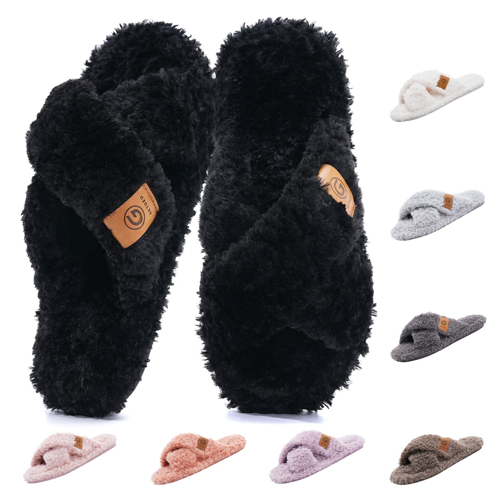 GETOEU Slippers for Women Fuzzy House Slippers with Memory Foam Open Toe House Shoes Warm Cozy Cashmere Slipper Indoor Washable Bedroom Slipper