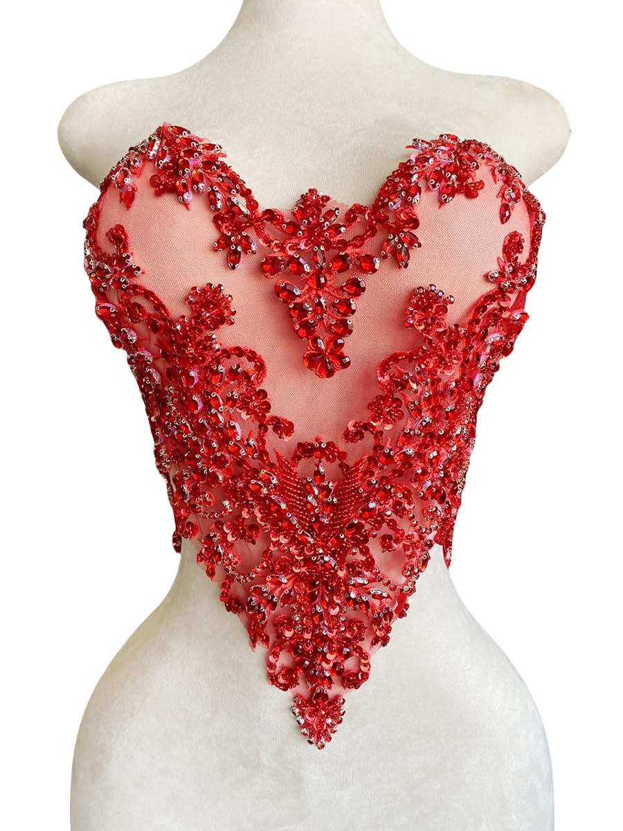 Handmade Rhinestones Beads Applique sew on Crystal Sequins lace Trim Patches Accessories for Dress Clothing Shiny Bead Decorative Material 15.7X15.9inches (Red)