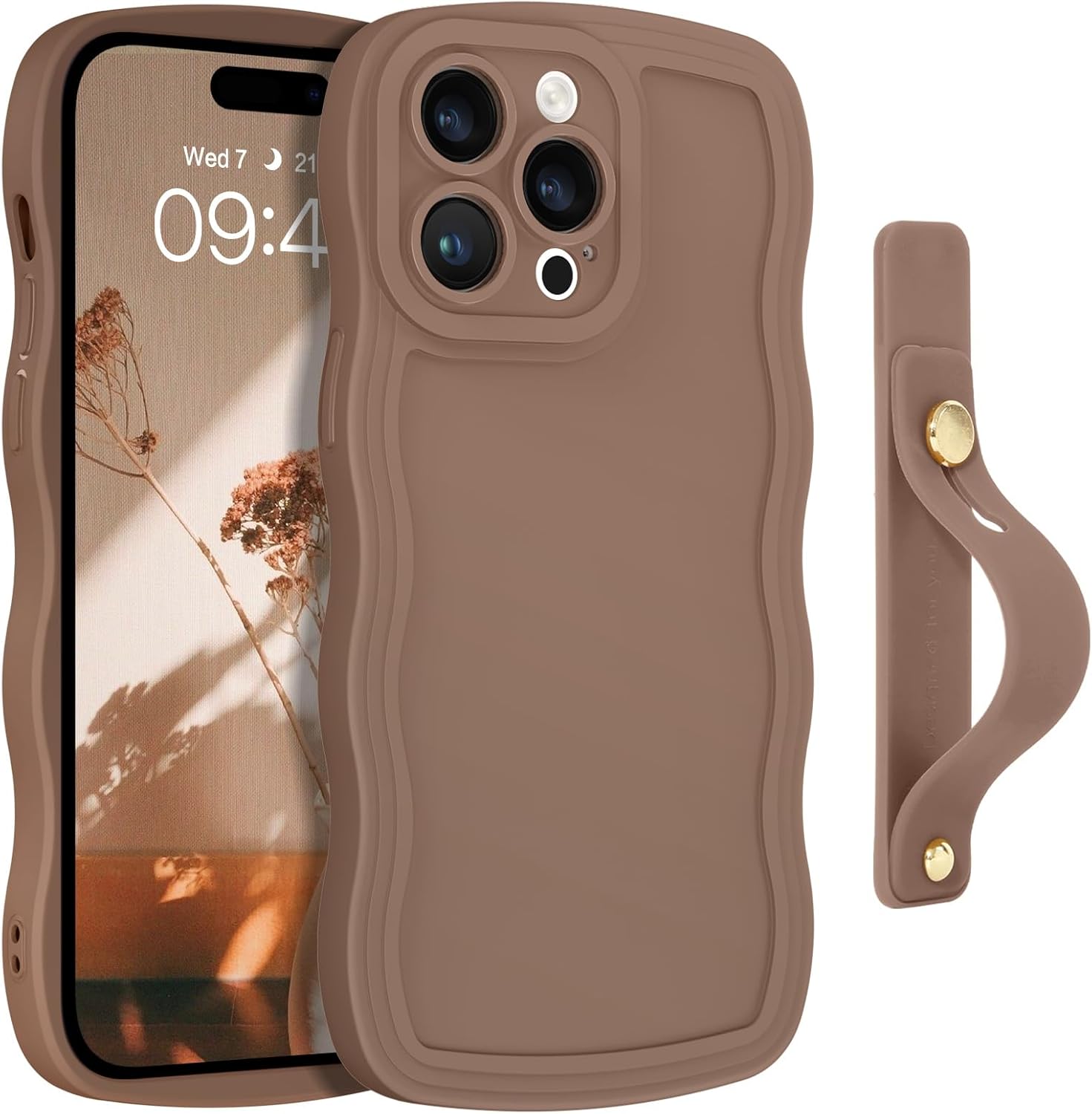 GUAGUA for iPhone 14 Pro Max Case with Wrist Strap, Cute Curly Wave Phone Case iPhone 14 Pro Max with Adjustable Wristband Kickstand Shockproof Anti Slip Phone Case for iPhone 14 Pro Max 6.7'', Brown