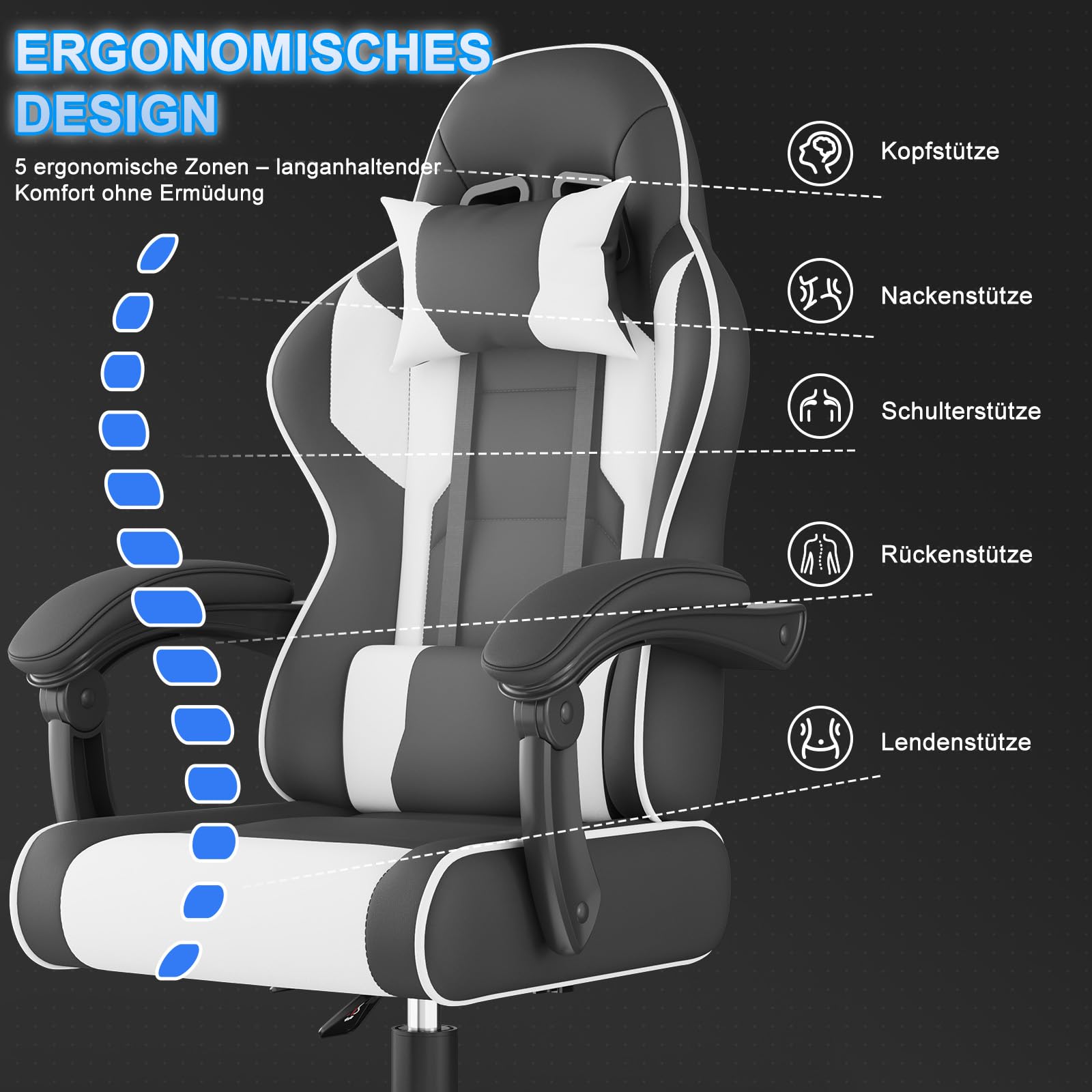 Devoko Gaming Stuhl mit Massagefunktion, Bürostuhl Ergonomisch mit Verstellbarer Ruckenlehne (90-135), Schreibtischstuhl mit Bewegliche Armlehne, max 135kg, Schwarz Weiß