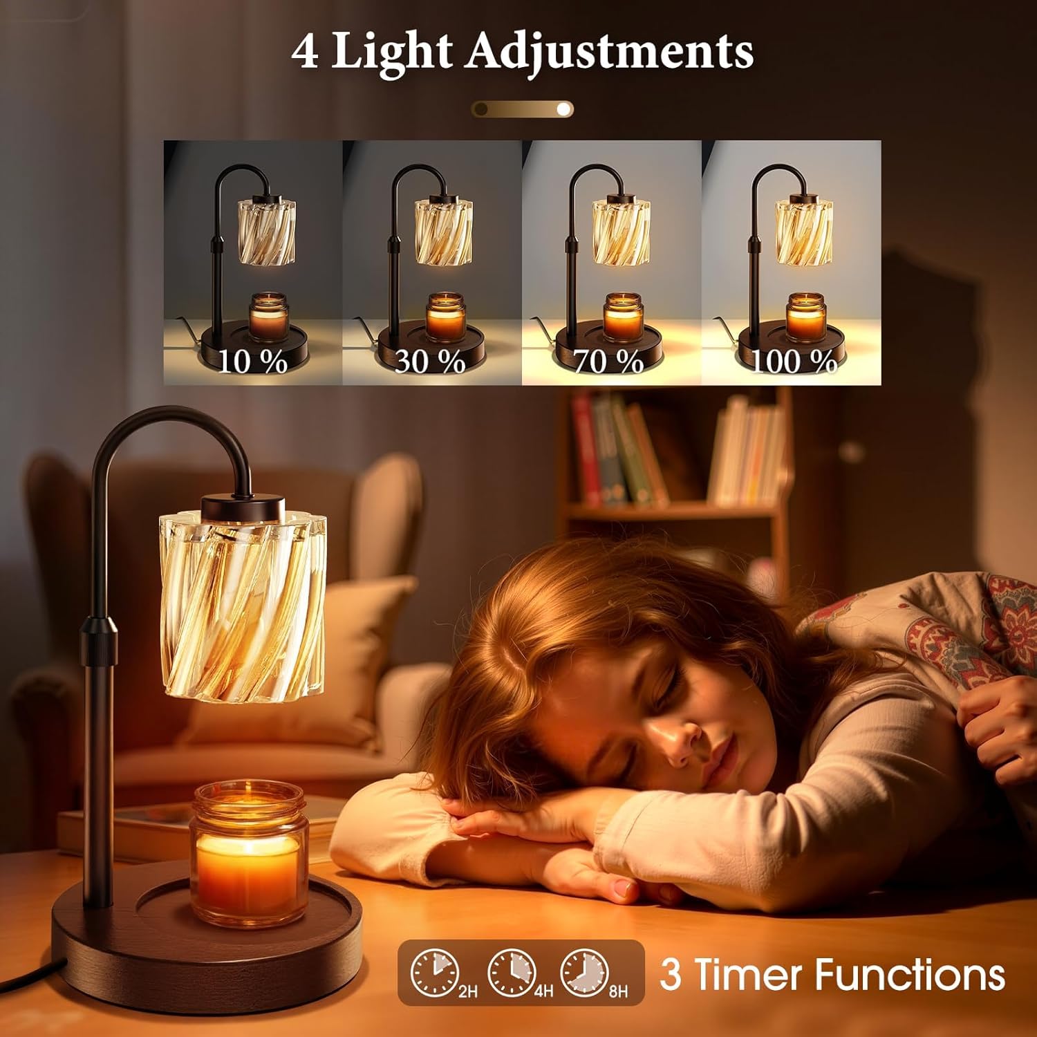 WarmEmbrace Candle Warmer Lamp with Timer Dimmer, Adjustable Height and Non-Slip Base Pad, 2 Bulbs Included, Gifts for Birthday, Women’s Day, Home Decor for Bedroom, Living Room, Office (Black)