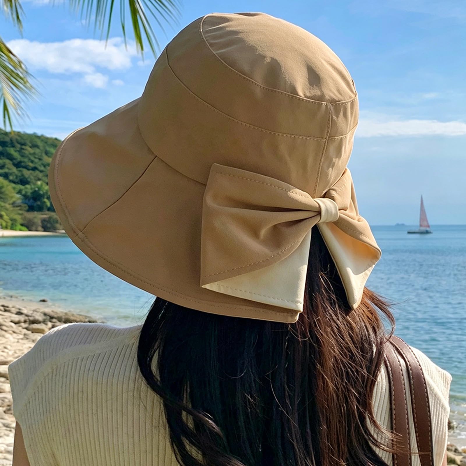 Sombrero De Sol De ala Ancha con Lazo para Mujer,Gorra Verano Elegante,Ligera Y Plegable ProteccióN UV CordóN Ajustable,Ideal La Playa,La Piscina,El JardíN Las Vacaciones(56-58cm,Beige)