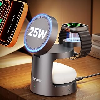 Qi2.2 25W 3 in 1 Charging Station for Apple Compatible with MagSafe Foldable Wireless Charger, Magnetic Charger with Night Light for iPhone 18/17/16/15/14/13/12, Apple Watch & AirPods (Dark Grey) - Amazon product rated Grade B