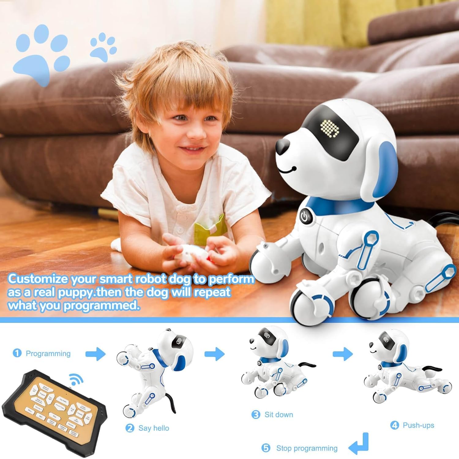 KING FORU Remote Control Robot Dog Toy, Interactive RC Dog Robot for Kids, Programmable Smart & Dancing Toy, Imitates Animals with Sound & LED Eyes, Fun Mini Pet Robot for Children 3