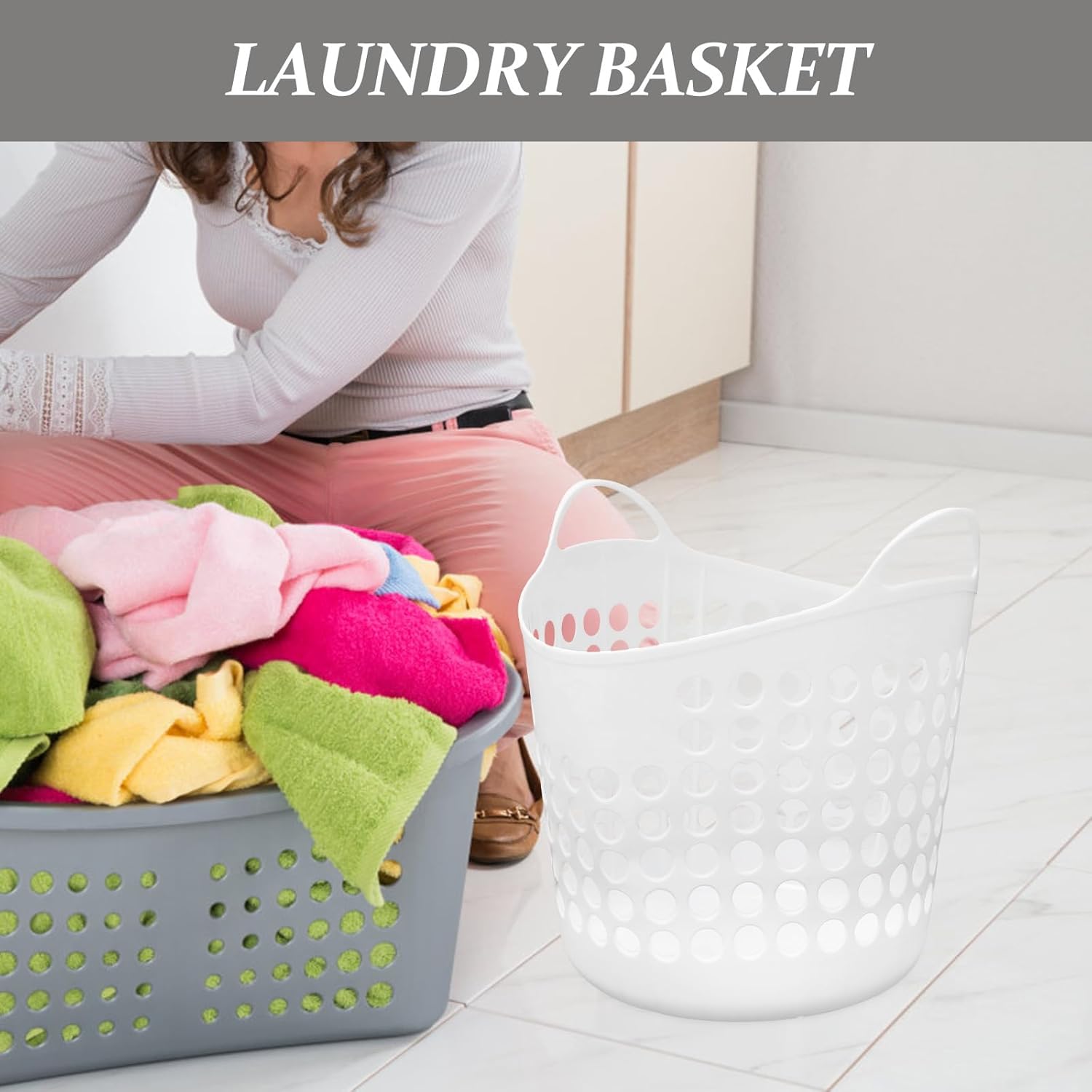 Plastic Laundry Basket for Clothes Storage - Breathable Ventilated Design, 17.75" X 17.25" X 26", Easy Carry Handles, Ideal for Home Organization