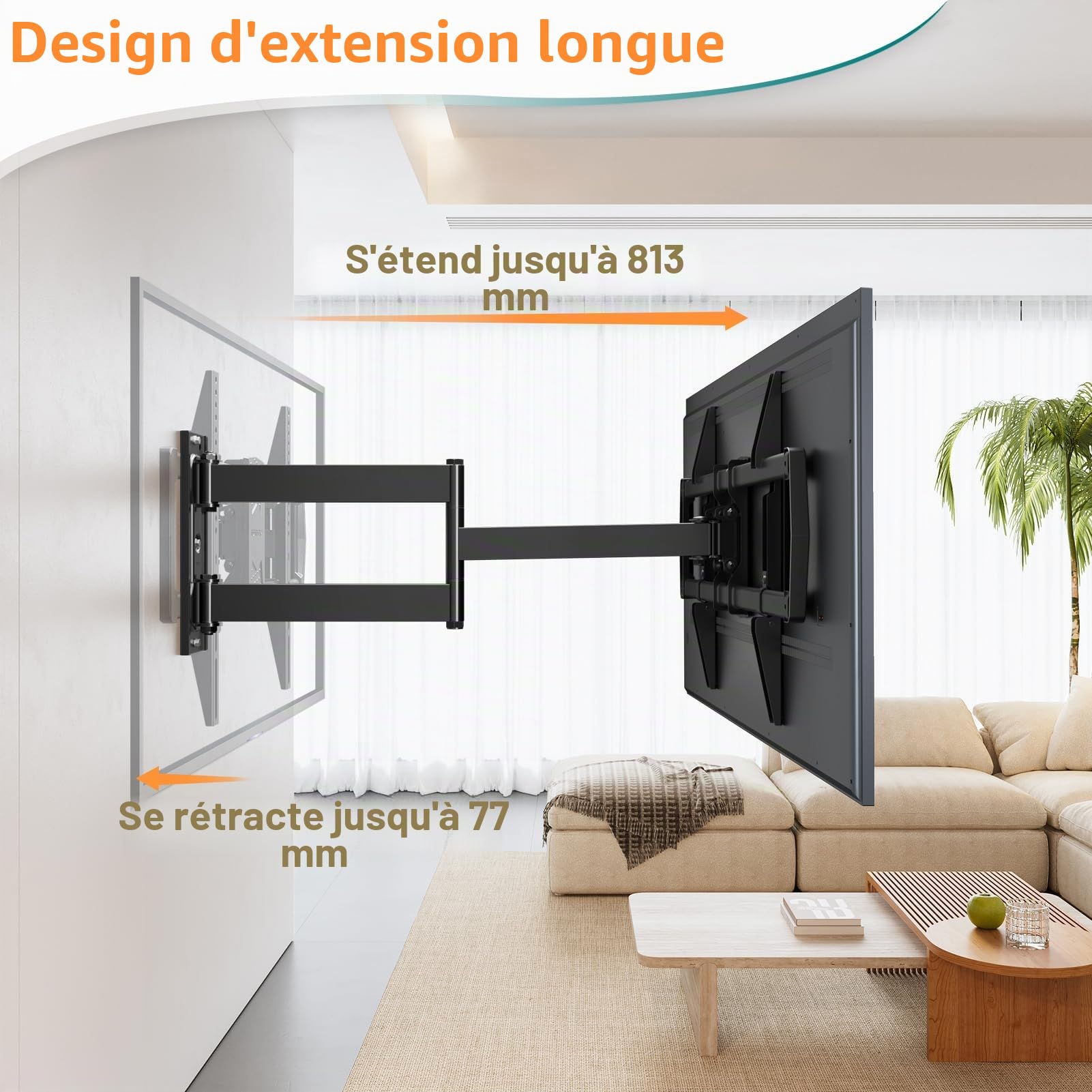 ELIVED Support mural de 813 mm pour la plupart des téléviseurs de 37 à 75 pouces | Bras d'extension, inclinable, pivotant, support mural d'angle pour TV, VESA max 600 x 400 mm, supporte jusqu'à 45 kg