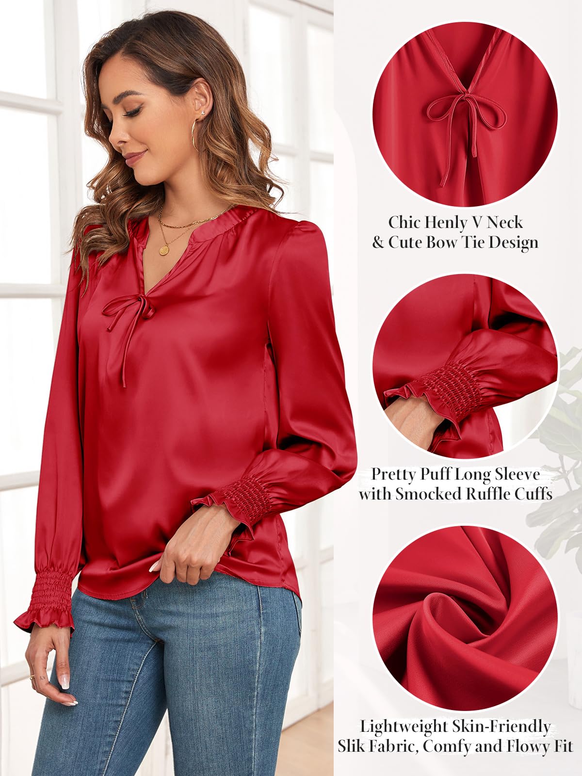 ZAFUL Womens Going Out Satin Tops 2025 Vintage Cute Bow V Neck Silky Blouse Y2K Puff Sleeve Work Shirts