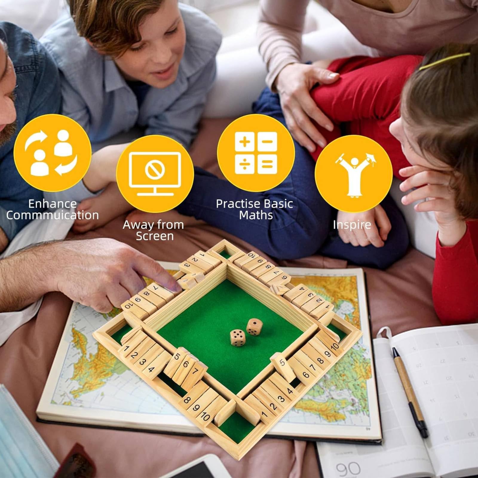 Jeu En Bois Shut The Box Pour 4 Joueurs - Jeu De Dés Mathématique Amusant Pour Enfants Et Adultes