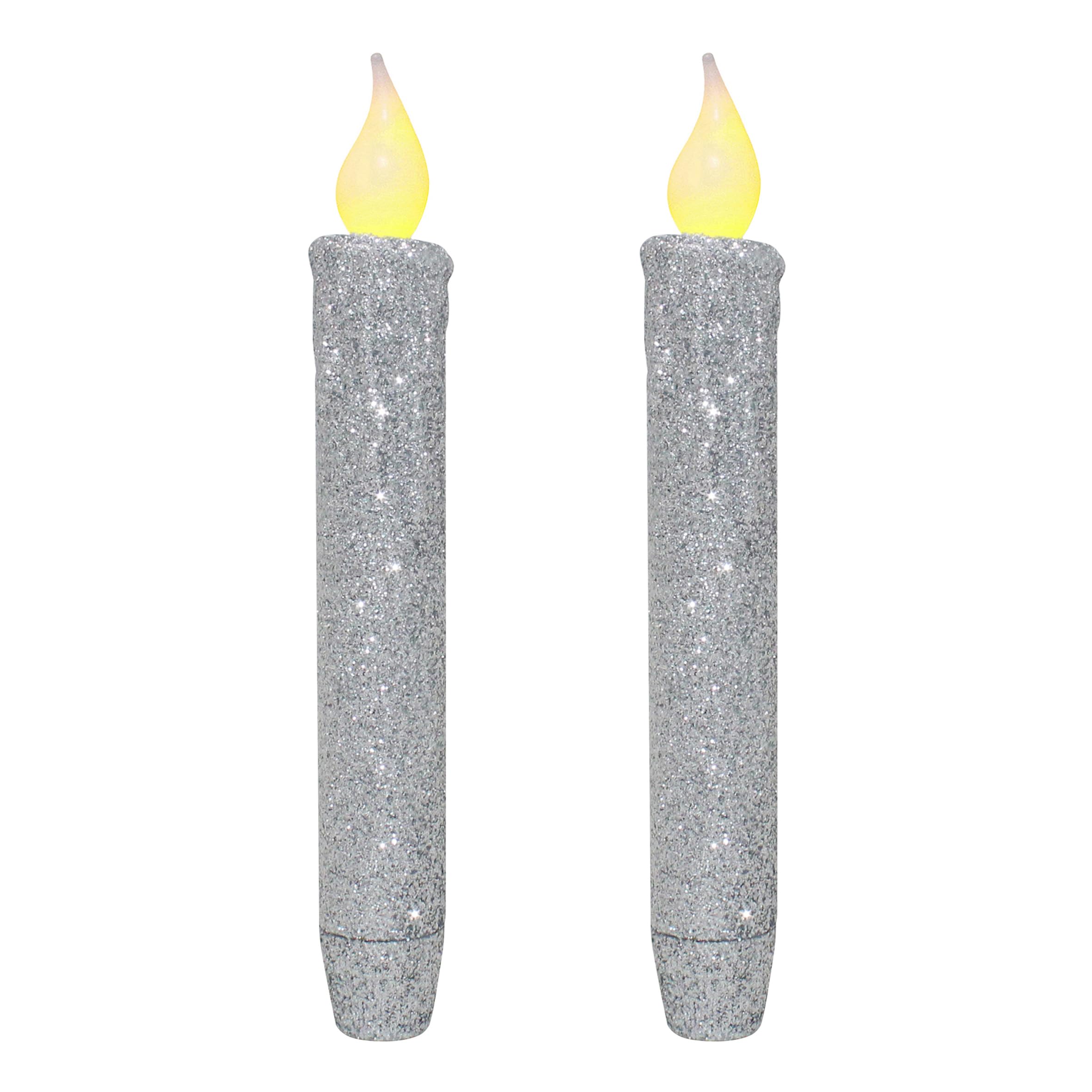 CVHOMEDECO. Glitter Flameless Candles Flickering Battery Operated LED Taper Candles with Timer for Home, Wedding, Halloween, Christmas Decor. Glitter Silver, 6-3/4 Inch, Set of 2