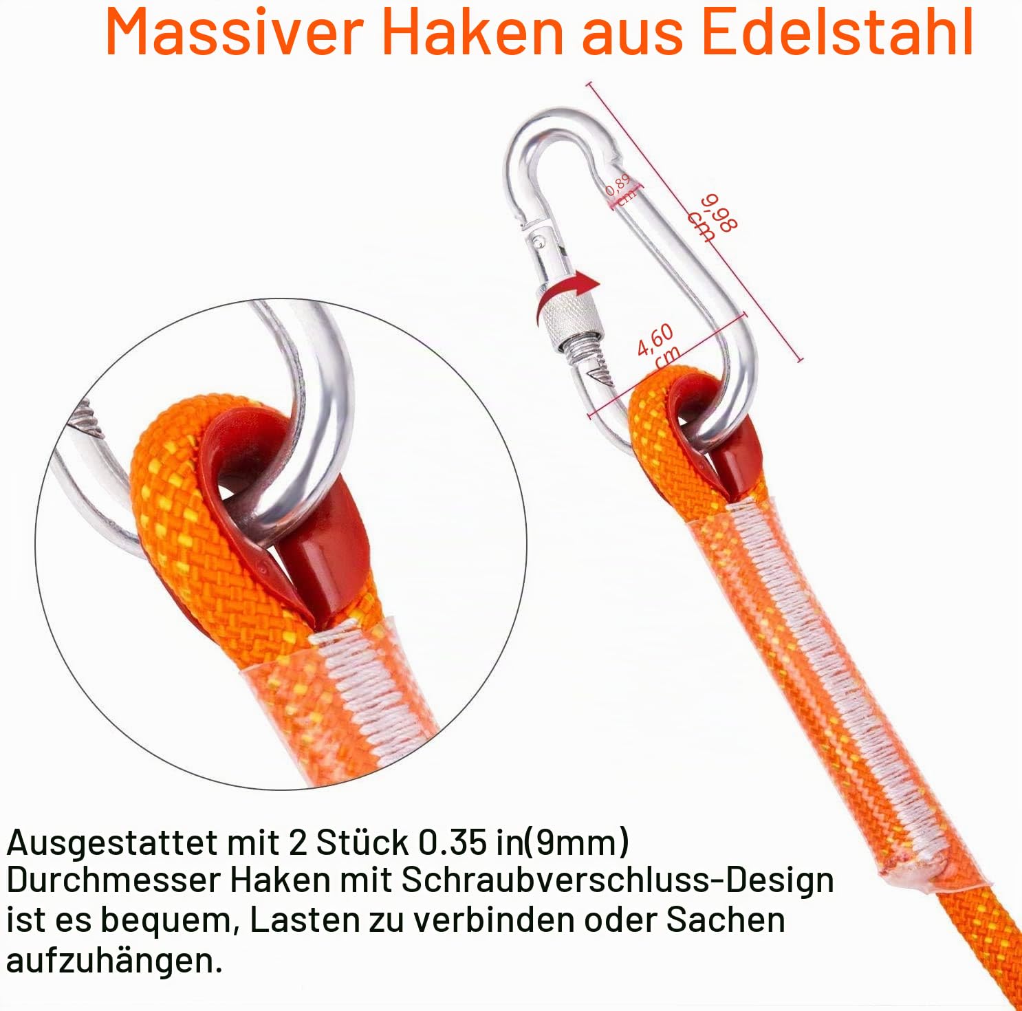 Outdoor-Kletterseil+schnell trocknendes Handtuch,Nylon Seil Klettern Sicherheitsseil Durchmesser 10.5mm,Lagergewicht 1200kg,mit 2 Karabinern