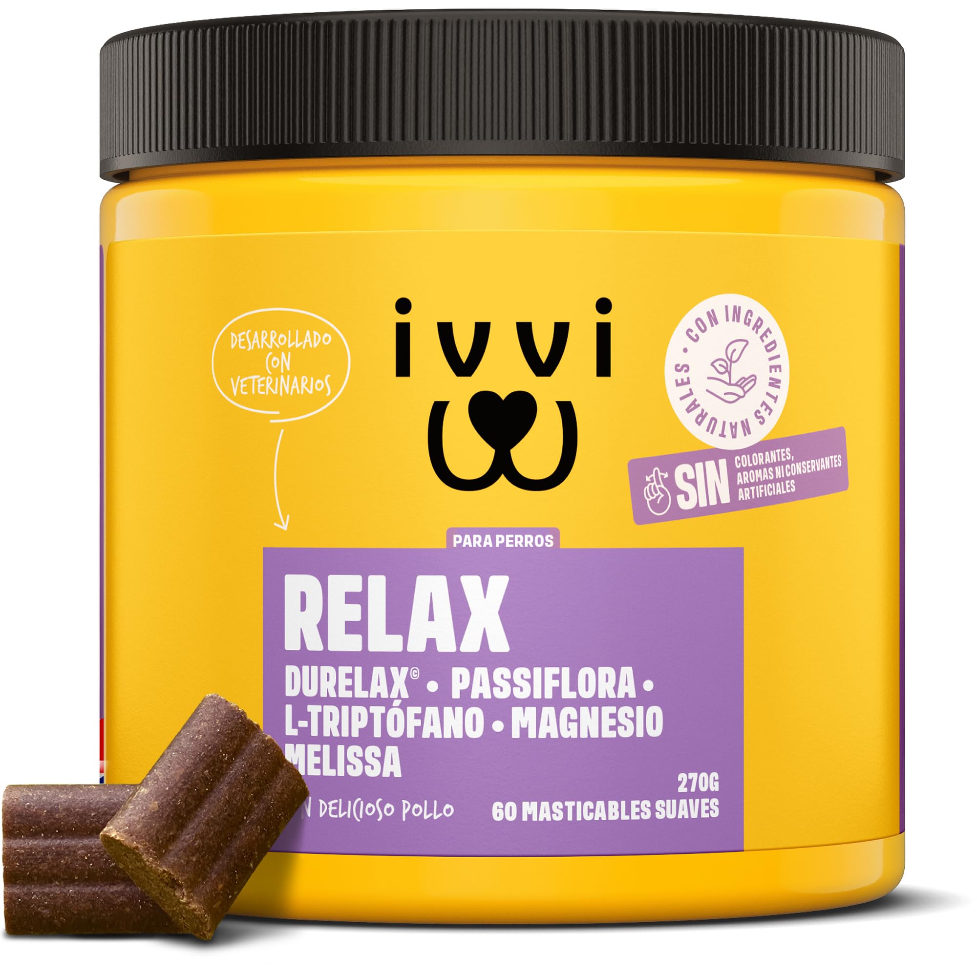 ivvi Relax - Calmante para Perros con L-triptófano para la ansiedad, el estrés y para calmar - 60 sabrosos Snacks con Pollo