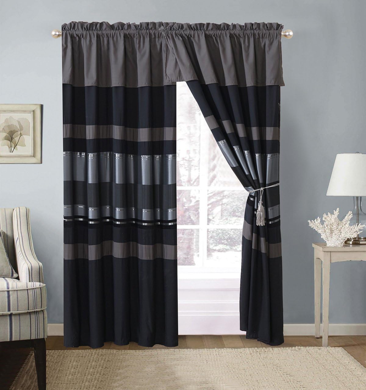 Grand Linen 5 Piece Black/Silver Stripe Chenille Comforter Set 90"X70" Twin Size Bedding