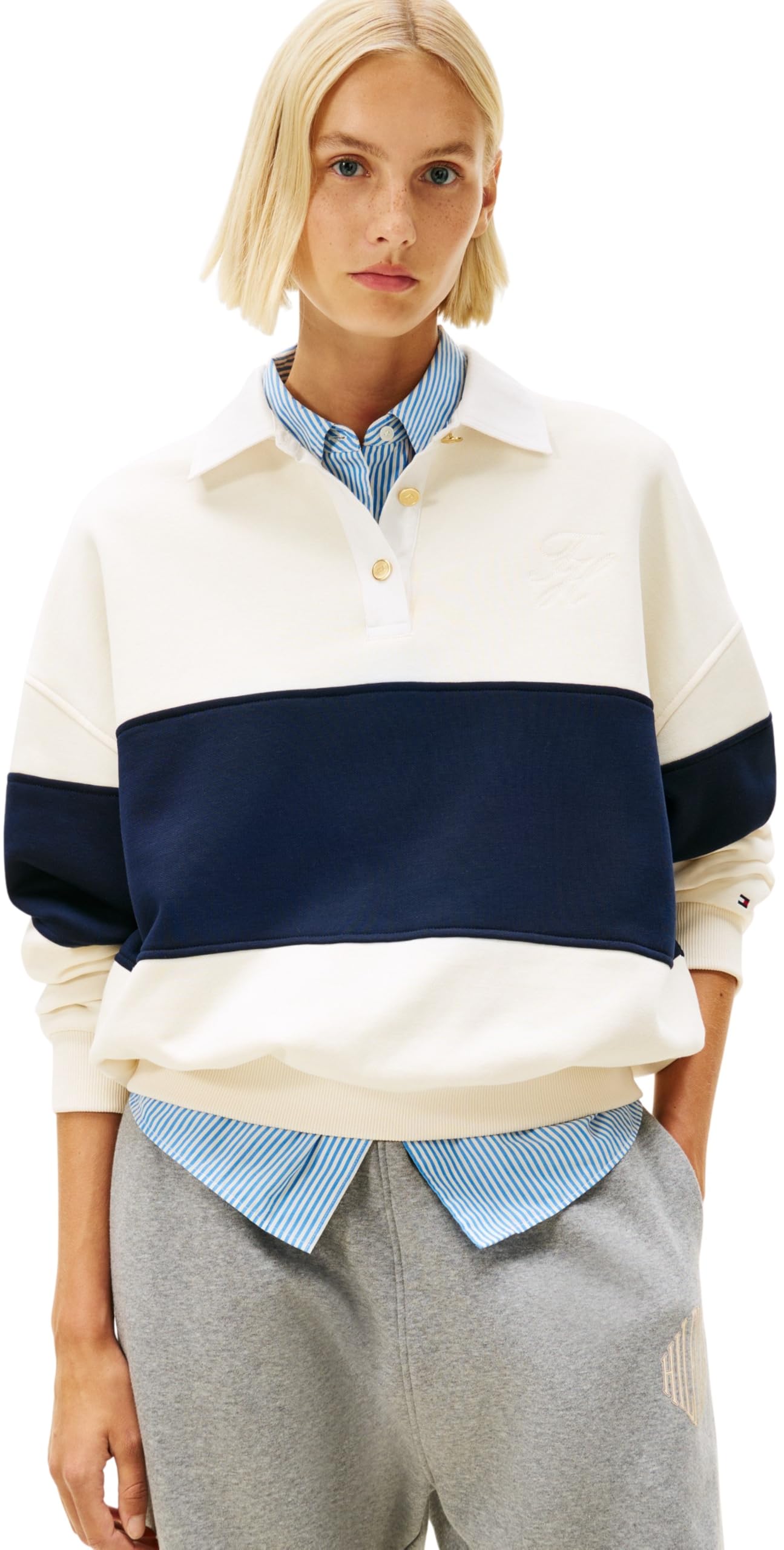 Tommy Hilfiger Damen Gold Btn Rugby Fleece Swtsrt Ww0ww48785 Pullover-Sweatshirt (1er Pack)