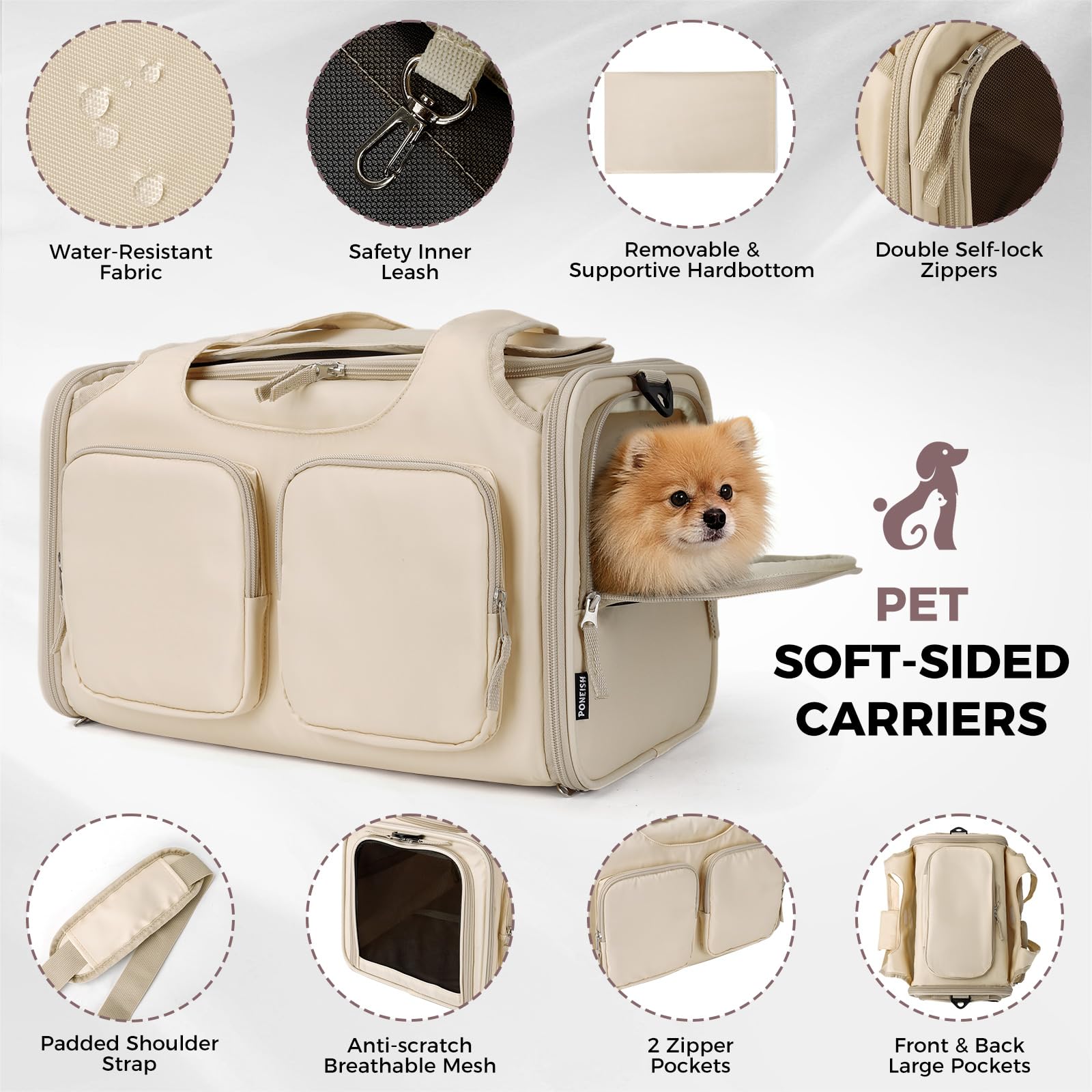 Dog, Cat Carrier for Pets Up to 15 Lbs, Airline Approved Collapsible Soft-Sided Pet Travel Bag with Locking Zippers, Breathable Mesh and 4 Large Pockets, Removable Fleece Pad (Beige) - image 5