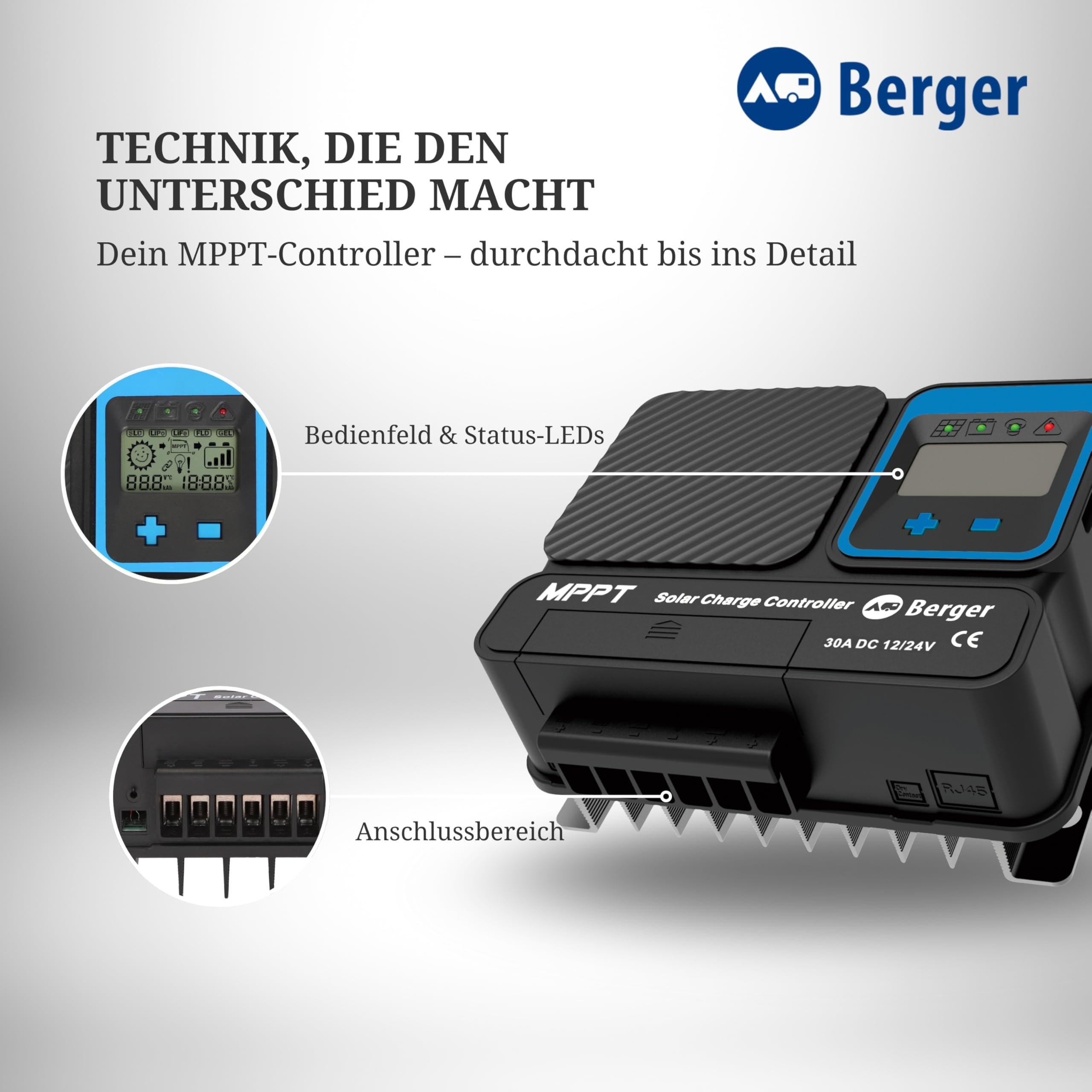 BERGER MPPT-Solarladeregler SX PRO | Laderegler Solar 12 V / 24 V | Kompatibel mit LiFePO4, AGM & Gel-Batterien | Hoher Energieertrag für Solarpanel Camping Solartasche (30 A)