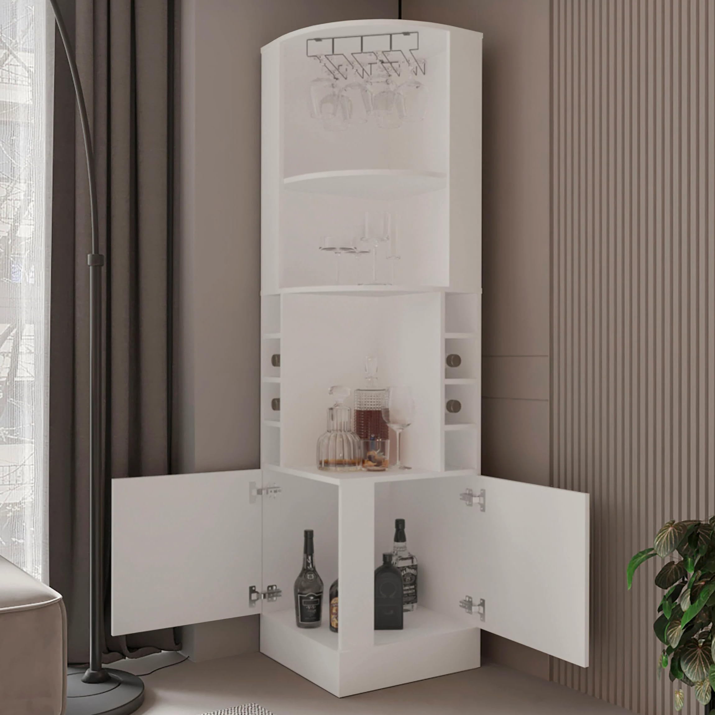 Zjjseloru Corner Bar Cabinet for Liquor, 71" Tall Farmhouse Wine Bar Cabinet with Wine Rack & Cubbies, White