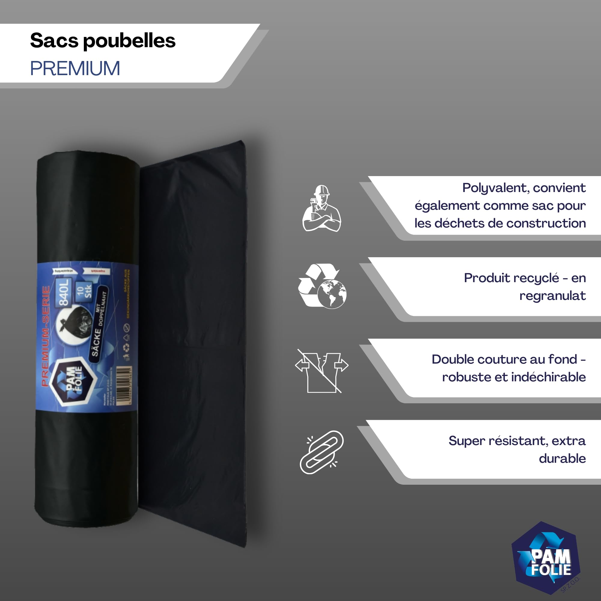 Sacs poubelle 840L - 10 pièces - XXL grands Sacs poubelle pour déchets de chantier, Premium - 130x170cm - 40µm - Sac poubelle noir - Sacs pour Polystyrène expansé