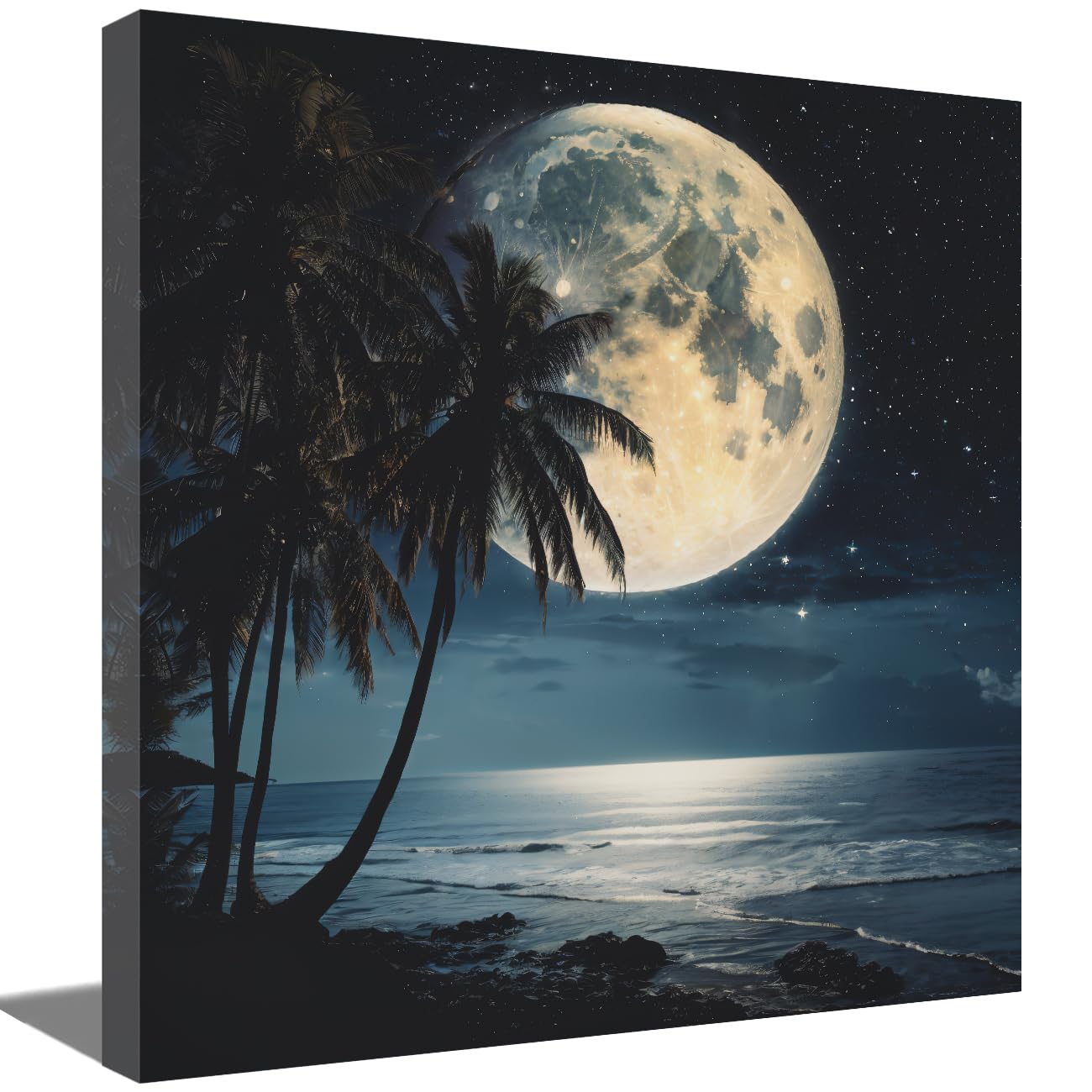 LMYSXAOZ Moon Canvas Wall Art Large Full Palm Tree Night Pictures Prints Tropical Beach Scenery Home Bedroom Bathroom Decor (Moon-A,20.00" x 20.00")