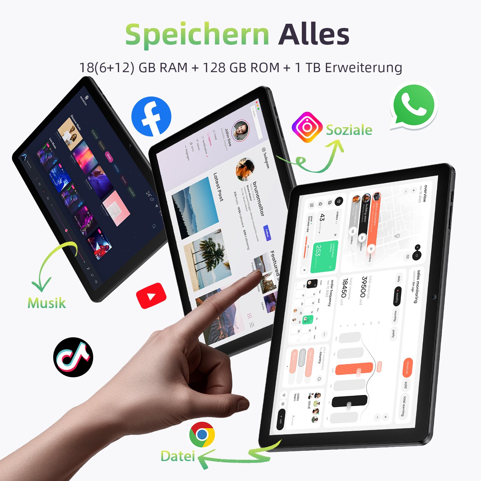 Tablet 10 Zoll, Android 15 Tablets mit Hülle, Unisoc T30 Quad-Core, 18 GB RAM + 128 GB ROM + 1 TB TF, 1280x800 HD IPS Display, 5MP + 8MP Duale Kamera, 6000 mAh, WiFi 6, BT 5.0, Widevine L1 (K70)