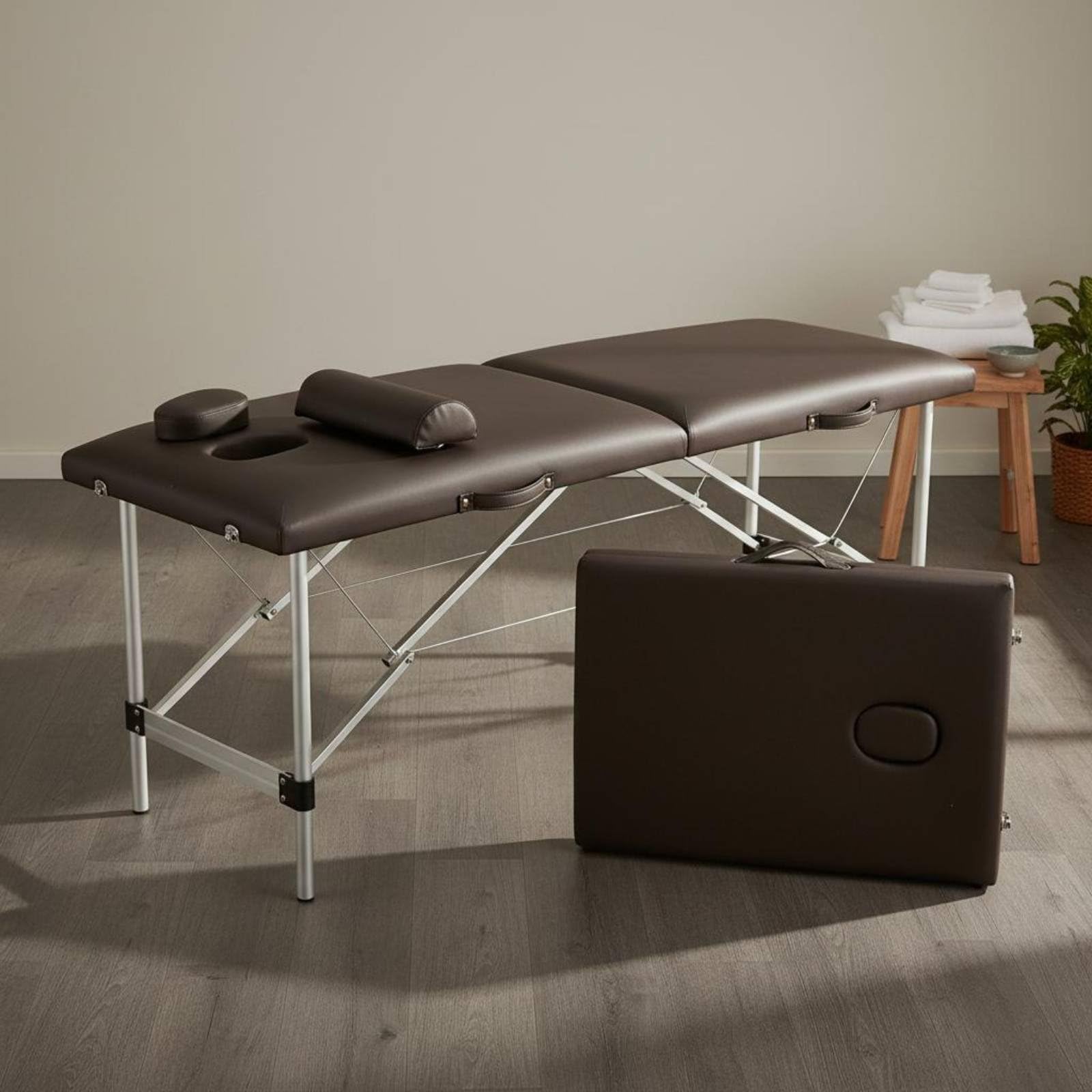 Cama de Masaje Mesa Portátil Camilla de Estética Banco de con Acolchado de 5cm y Cubierta de PVC Estructura de Aluminio Reforzada de Acero Orificio, Negro, 185x60cm