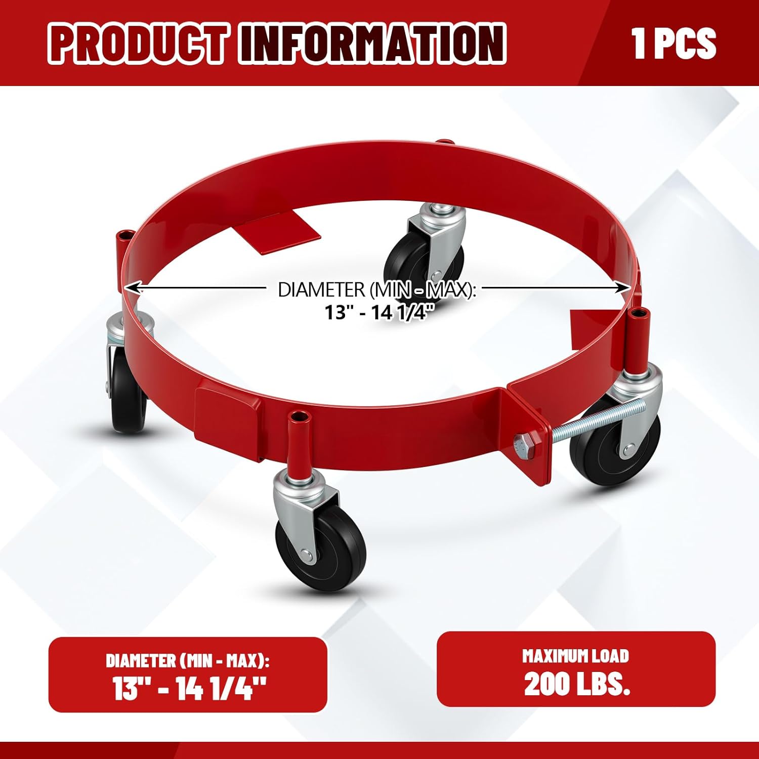 1 Pcs Drum Dolly for 16 Gallon Drums 13"-14 1/4" Red Mobile Tool Base with 4 Steel Casters for Buckets Shops Garages Factories Plant Warehouses