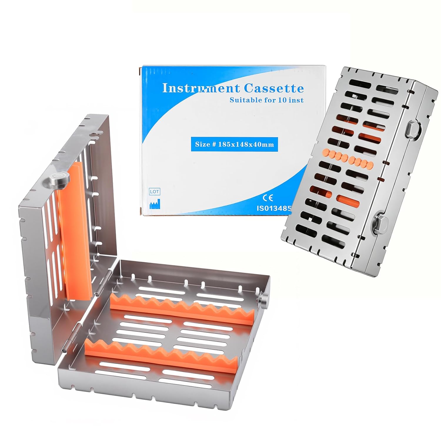 Stainless Autoclave Sterilization Cassette Box Tray for 10 Dental Instruments Button Type with Removable Silicone Orange