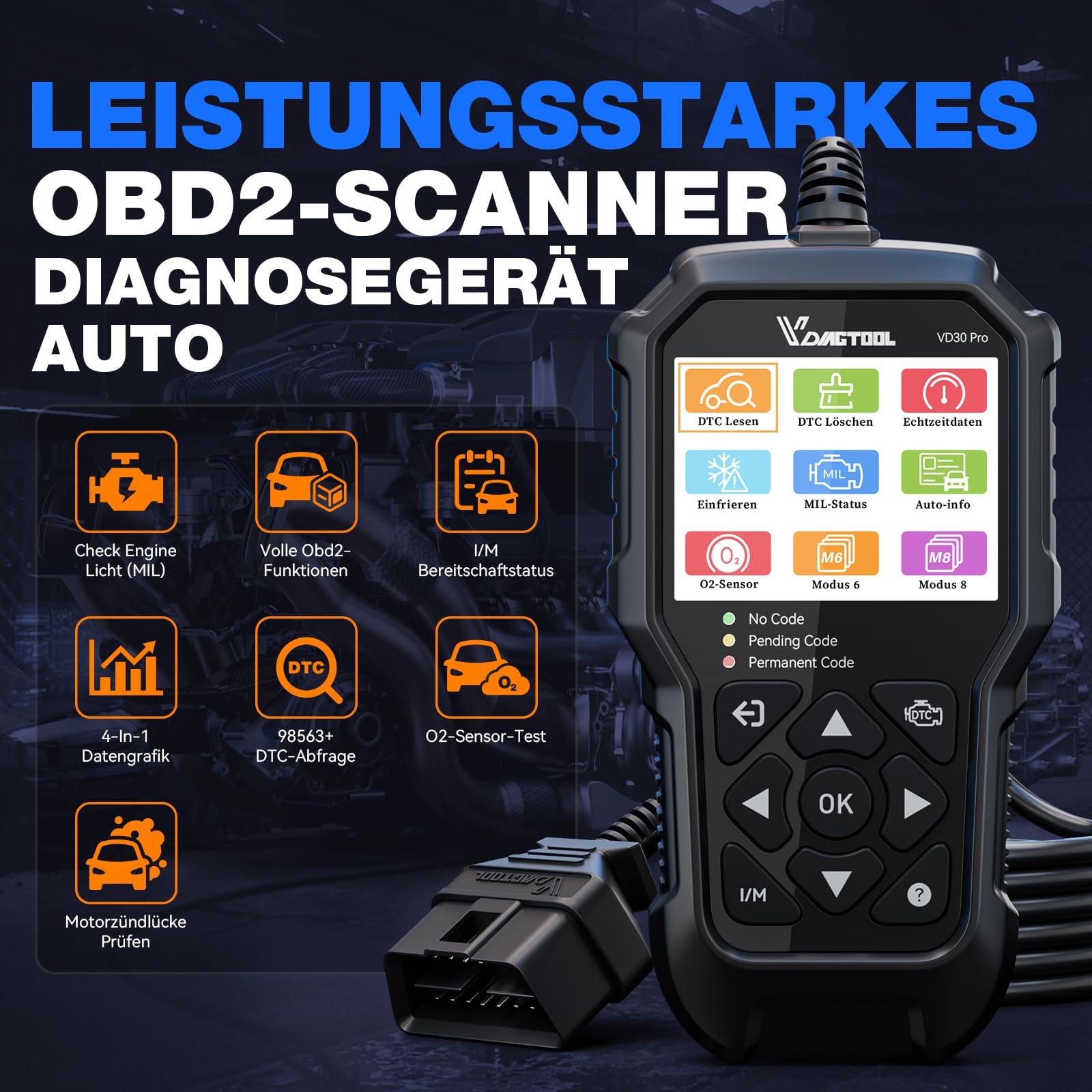 VDIAGTOOL VD30 Pro OBD2 Diagnosegerät, Diagnosegerät Auto für OBD Fahrzeuge, EOBD Motor Auto Auslesegerät Mit OBDII Funktionen, Kfz OBD-Scanner Adapter Werkzeuge, Fehlerauslesegerät für Alle ODB2 Kfz