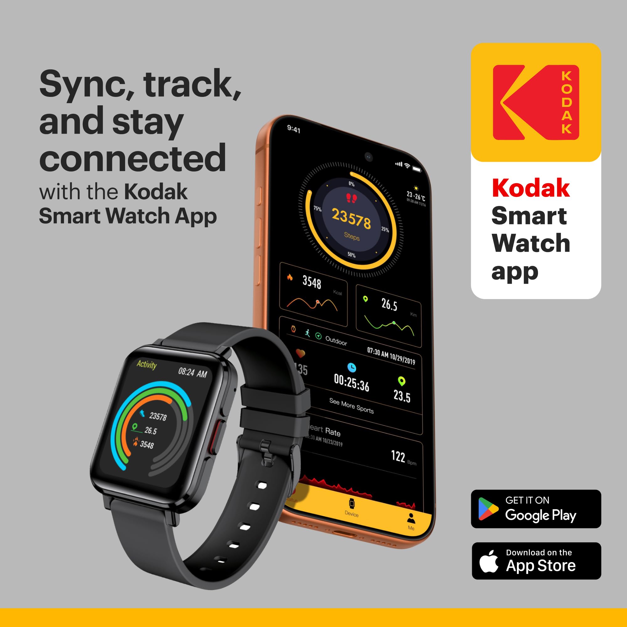 Kodak SW-7204 – Montre Connectée - Écran 33 mm HD - Appels Bluetooth & Assistant Vocal - Fréquence Cardiaque, SpO2, Stress - 32 Modes Sport - GPS - Autonomie 5 Jours - Charge sans Fil - Android & iOS