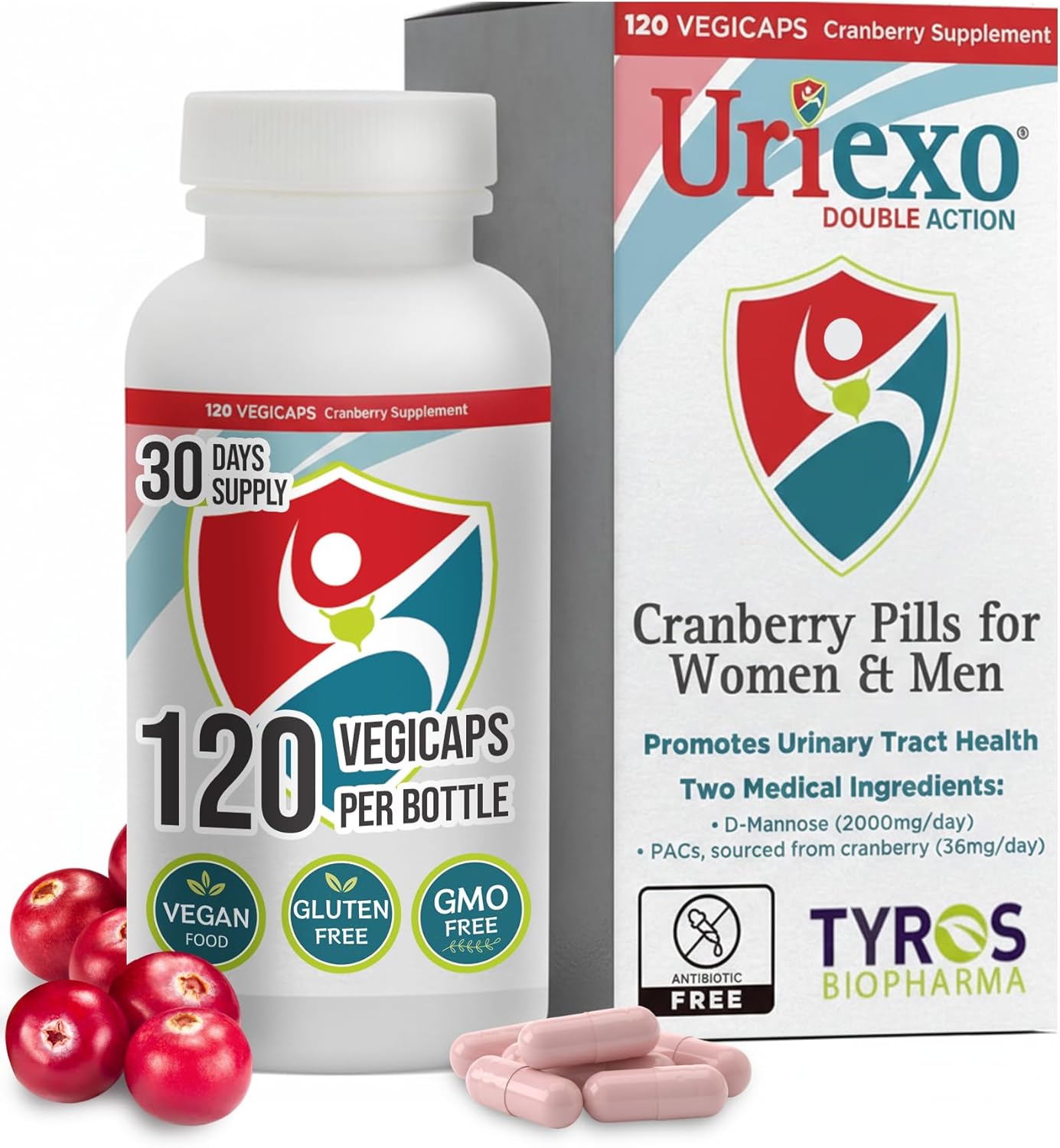 Uriexo Double Action Support Cranberry Pills - Urinary Tract Health Supplement with 36mg Proanthocyanidins PACs & 2000mg D-Mannose, Capsules for Men & Women, Non-Antibiotic Formula, 30 Day Supply