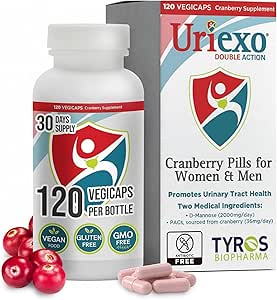 URIEXO Double Action Cranberry Proanthocyandins (PACs) &amp; D-Mannose Capsules – Dual-Action Urinary Tract Infection (UTI) Prevention Treatment with 36 mg PACs + 2000 mg D-Mannose – Non-Antibiotic Urinary &amp; UTI Prevention for Women AND Men – Health Canada Licensed – 30-Day Supply