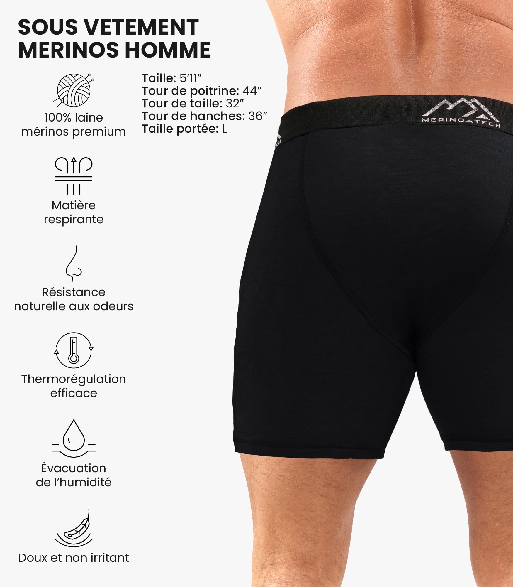 Merino.tech sous Vetement Merinos Homme - Boxer Calson pour Homme 100% Laine Merinos