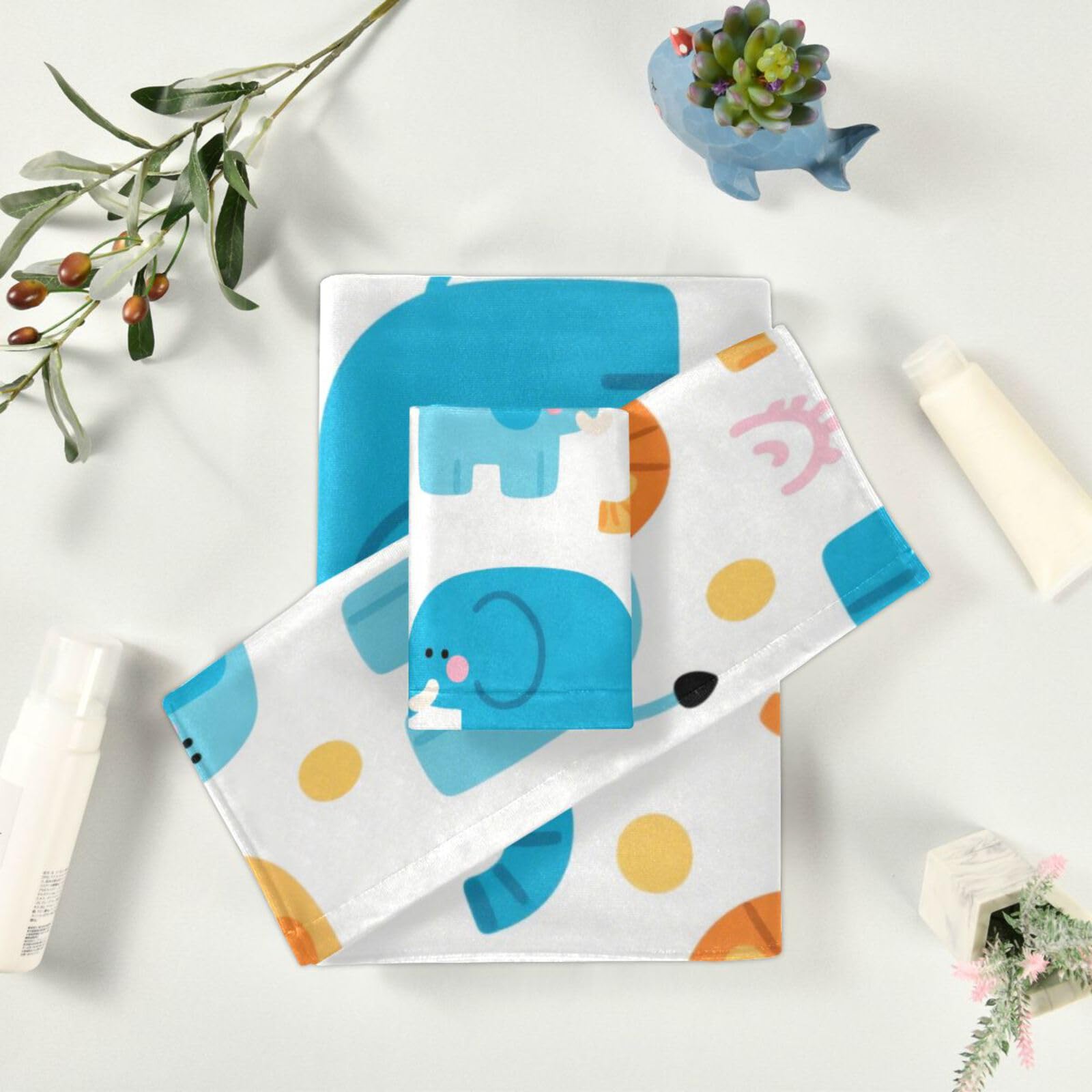 Set di 3 asciugamani decorativi per il viso con elefante e leone in stile cartone animato, 1 asciugamano da bagno, 1 asciugamano per le mani, 1 panno per cucina, bagno, yoga, palestra