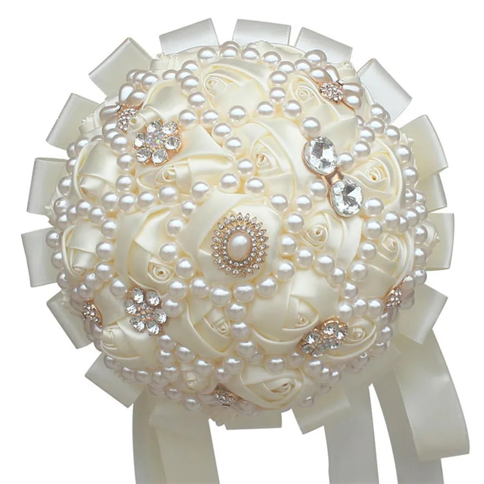 NDLHXKFRP Wedding bouquets for brides and bridesmaids, Wedding Bouquet Bridal Artificial Satin Rose Brooch Pearl Ribbon Diamond(Color 3)