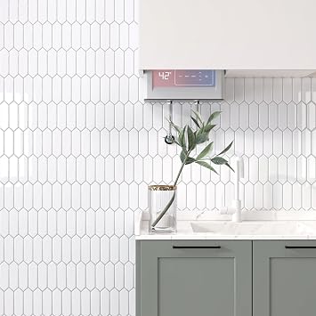 CHIHUT 6 Sheets 12''x12'' White Glossy Long Hexagon Peel and Stick Backsplash Tiles 3D Modern Minimalist Self Adhesive Stick on Tiles Waterproof Renter Friendly Backsplash for Kitchen Bathroom