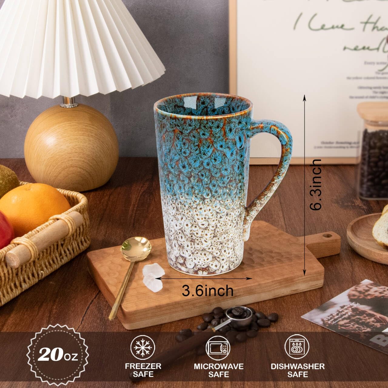 20oz Porcelain Coffee Mugs Set of 2, Large Tall Coffee Mugs with Handles, Modern Ceramic Coffee Cups for Tea, Cocoa, Milk, Gifts for Women Men - White & Blue - Image 2