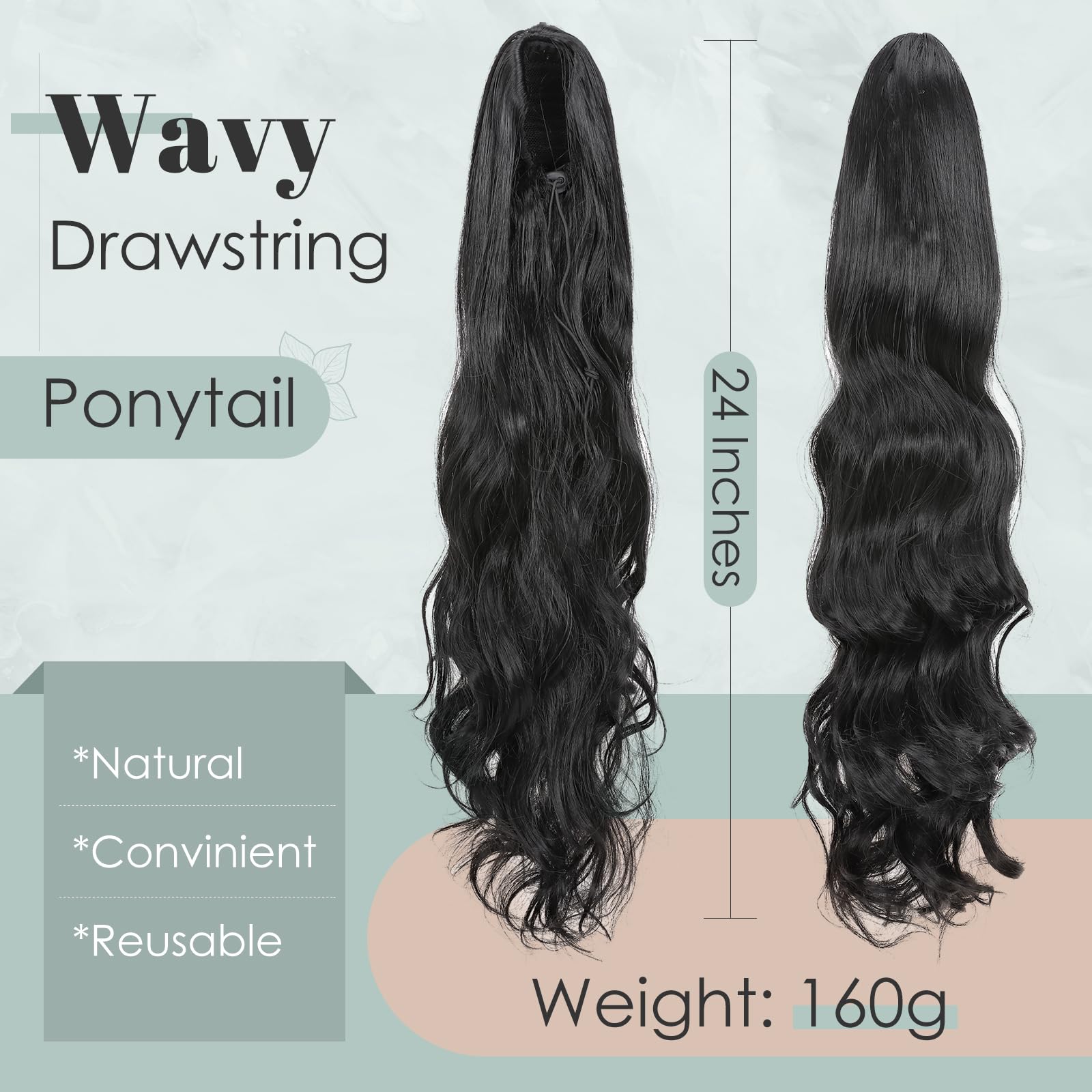 TESS Wavy Ponytail Extension, Drawstring Clip in Ponytail Hair Extensions, Long Hair Extensions, 24 Inches 160g, Dark Black - Image 2