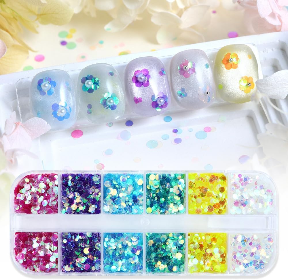 Holographic Nail Art Confetti Sequins, Iridescent Chunky Glitter Flakes, 3D Mermaid Laser Nail Decoration for Women DIY Manicure, Round Nail Sequins 3mm 12 Grids (Colorful)
