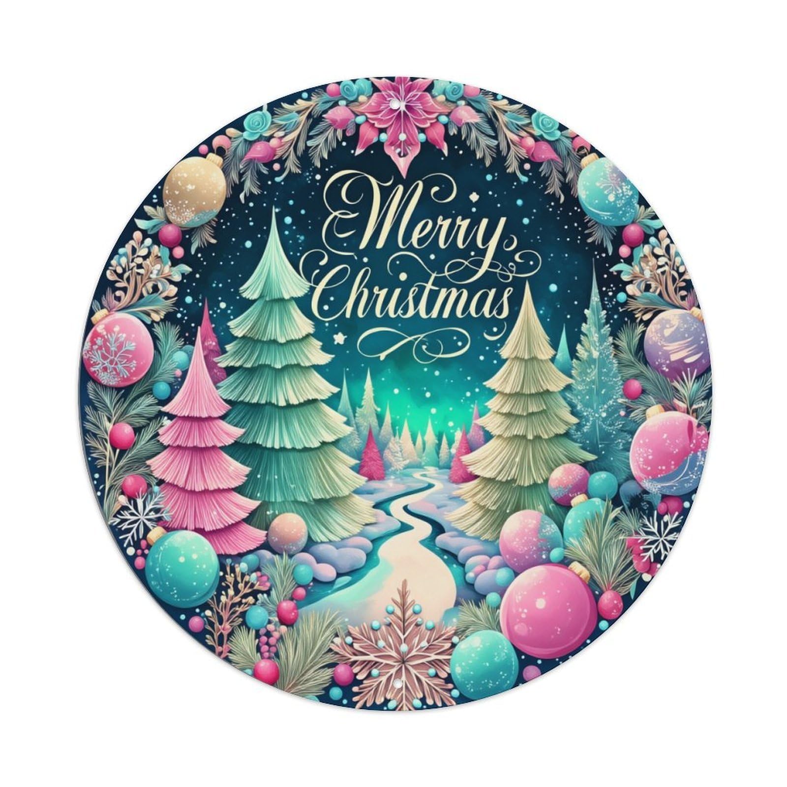 Merry Christmas Tree Ornaments Snowflake Round Tin Sign Vintage Metal Poster, Home Bar Garage Man Cave Cafe Indoor & Outdoor Wall Decoration 8x8Inches
